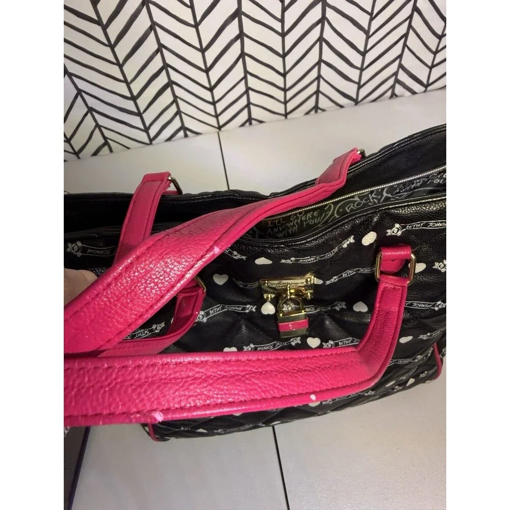 Betsy Johnson New York, NY Black Pink Quilted Satchel Bag